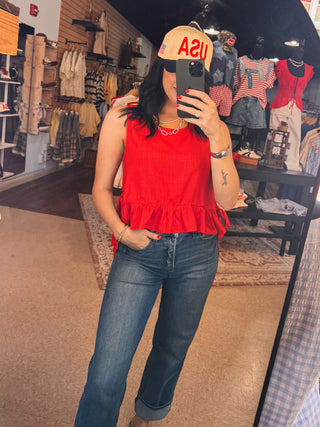 Cherry Red Side Tie Peplum Tank