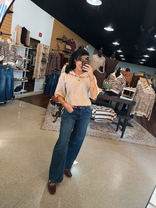 Oatmeal Cross Knit Collared Top