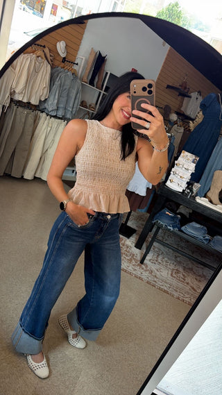 Smocked Peplum Tank – Beige