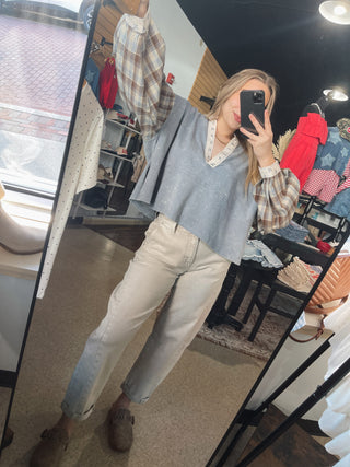 Dusty Blue Mineral Wash Plaid Sleeve Top