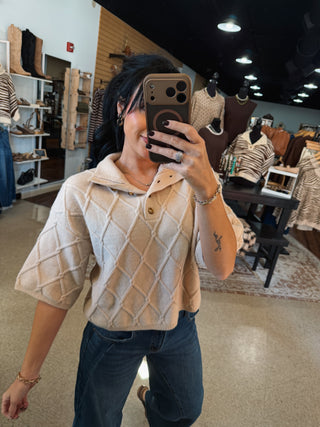 Oatmeal Cross Knit Collared Top