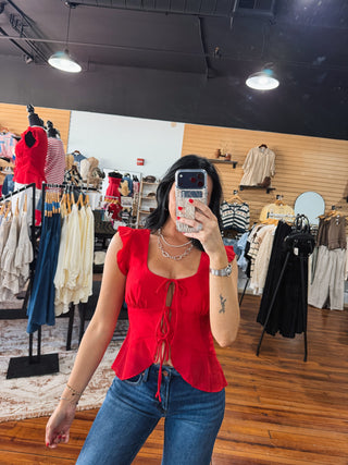 Ruby Ruffled Shoulder Front Tie Top