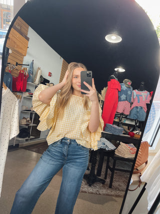 Butter Yellow Gingham Ruffle Sleeve Top