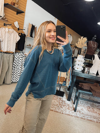 Denim Blue Contrast Stitch Side Slit Pullover