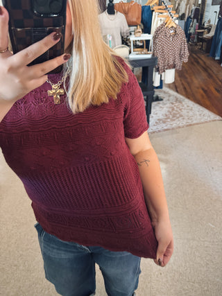 Maroon Crochet Textured Knit Top