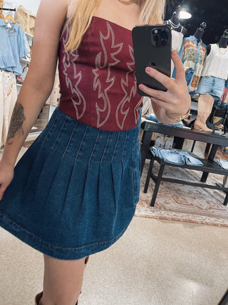 Pleated Denim Flare Skirt