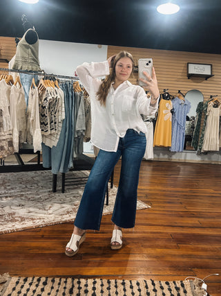 RISEN High Rise Tummy Control Dark Wash Raw Edge Crop Jeans