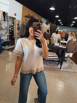 Oatmeal Contrast Double Sleeve Knit Top