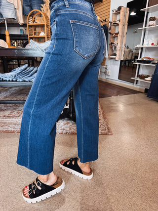 RISEN High Rise Tummy Control Dark Wash Raw Edge Crop Jeans