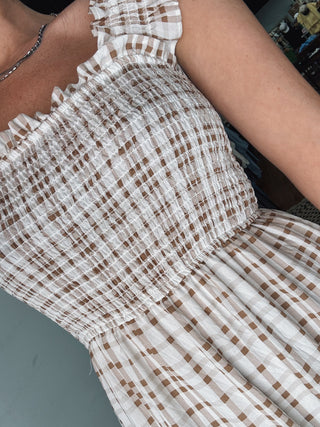 Brown Airy Gingham Smocked Midi Dress
