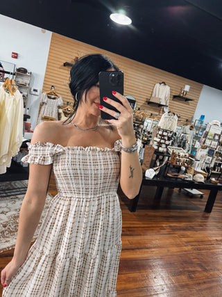 Brown Airy Gingham Smocked Midi Dress
