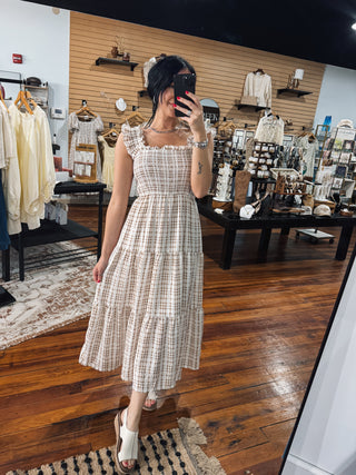 Brown Airy Gingham Smocked Midi Dress