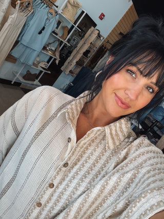 Sand Patched Stripe Drop Sleeve Top