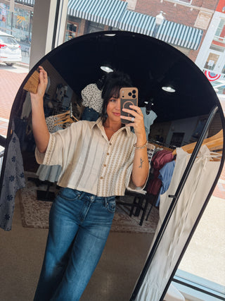 Sand Patched Stripe Drop Sleeve Top