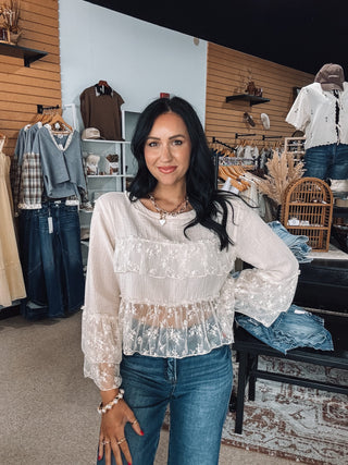 Ivory Lace Ruffle Blouse | Sheer Boho Chic Top