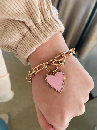 Pink Studded Heart Charm Bracelet