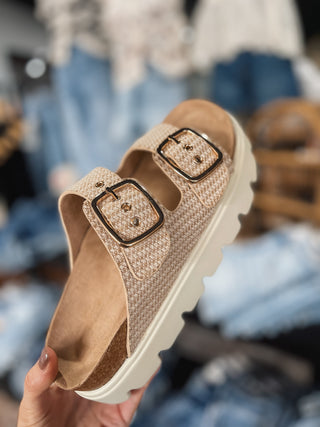 Raffia Woven Double Strap Platform Sandal