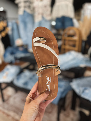 Sleek White Strappy Sandal with Gold Accent