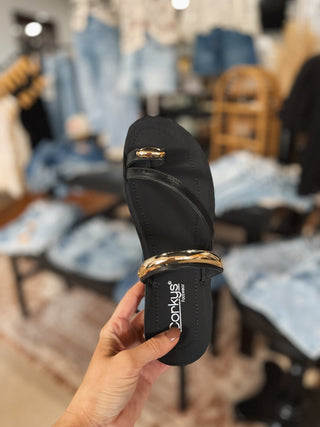 Sleek Black Strappy Sandal with Gold Accent
