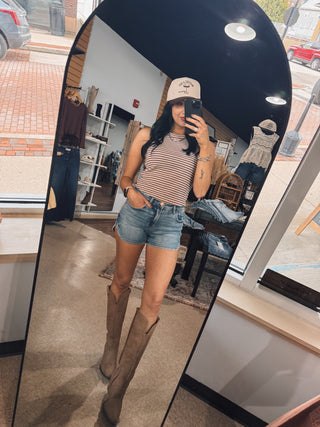 Curve Cut Accented Denim Shorts