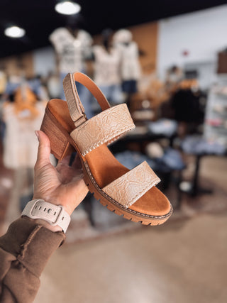 Champagne Floral Embossed Block Heels