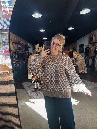 Brown Geo Knit Statement Sleeve Sweater