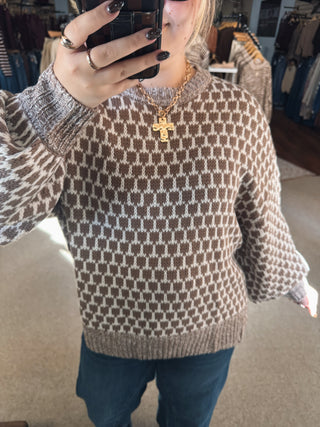 Brown Geo Knit Statement Sleeve Sweater
