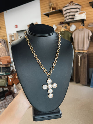 Golden Pearl Cross Pendant Necklace